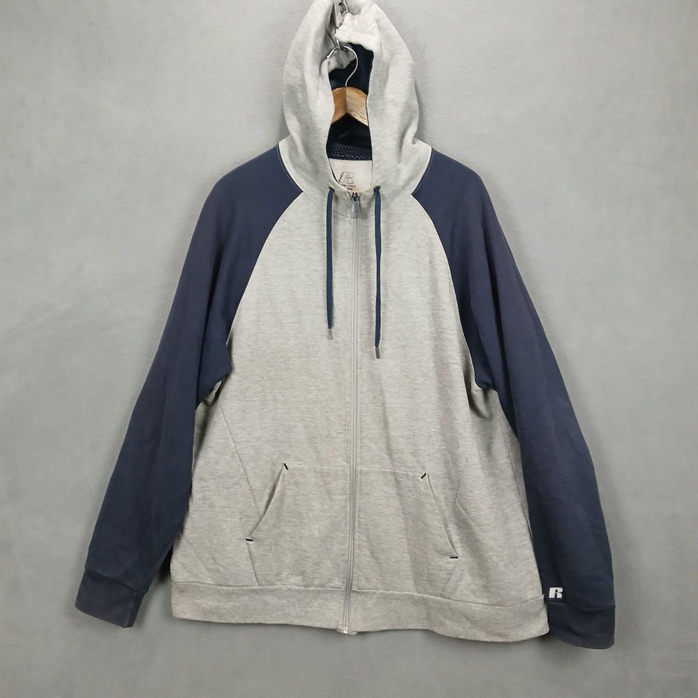 Russell Premium Fleece Jacket Mens XL Gray Blue Colorblock Cotton Lined Hooded